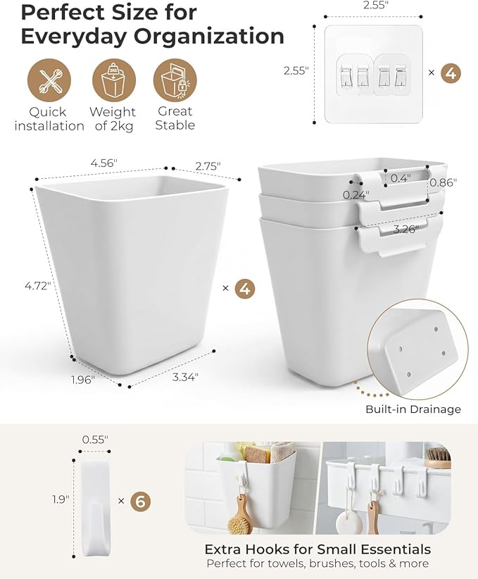 4 Pack Rolling Cart Accessories, White Craft Cart Cup Holder and 6 Hooks for Utility Carts Accessories, Adhesive Kitchen Cabinet Door Storage, Space-Saving Wall Mount Organizer for Bathroom, Office - Image 2