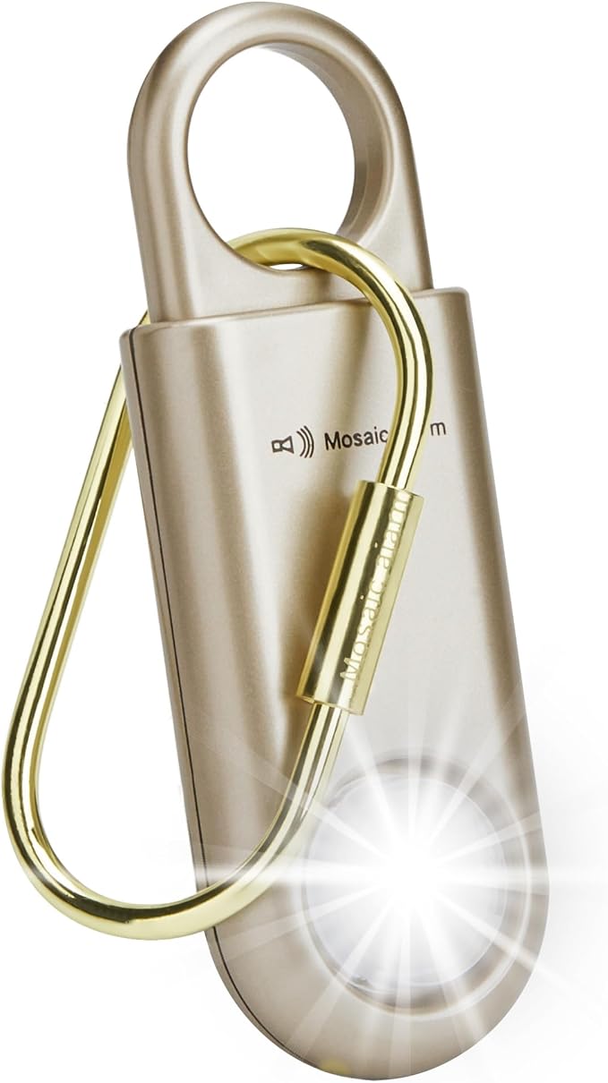 130dB Personal Safety Alarm Ultra Bright Strobe Light. Loud Sound Keychain Siren for Women, School Children, Night Runners, Hiking. Bear Alarm Deterrent. SOS Emergency Self Defense Alerts. Gold by MosaicAlarm