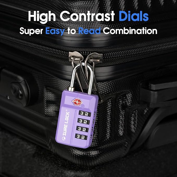 SURE LOCK TSA-Approved 4-Digit Resettable Combination Luggage Lock with Open Alert, Easy-Read Dials - for Luggage, School Lockers, Gym, Office, Toolbox & Security Cases (Purple 2 Pack) - Image 7