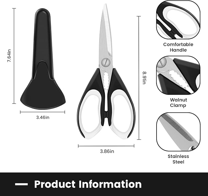 2 Pack Sharp Kitchen Scissors Set with Magnetic Holder, White | Stainless Steel Blade, Ergonomic Non-Slip Handle, Heavy Duty, Food/Meat Scissors for Home, Kitchen and Picnic, All Purpose - Image 2