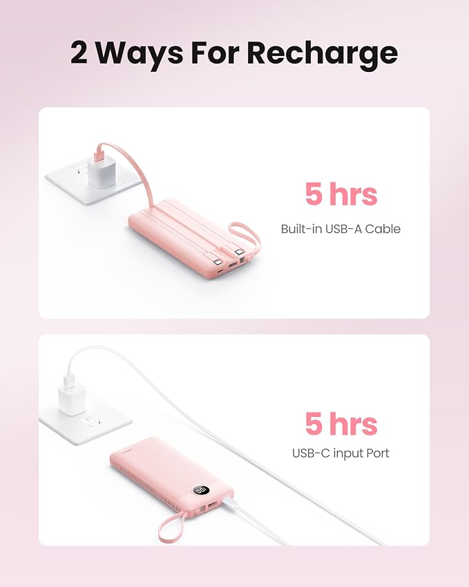 Portable Phone Charger, Slim 10000mAh Travel Essentials Power Bank with Cords Wires, Battery Pack 5 Outputs 2 Inputs LED Display Compatible with iPhone/Android & More (Pink) - Image 6