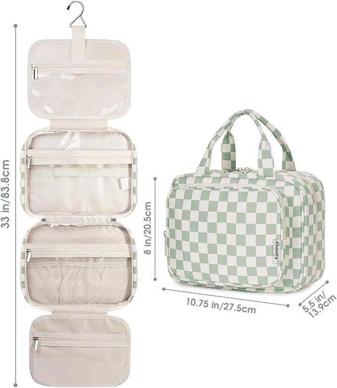 Narwey Hanging Toiletry Bag for Women Travel Checkered Makeup Bag Organizer Toiletries Bag for Travel Size Essentials, Accessories, Brushes, Cosmetics (Green Checkerboard (Medium)) - Image 7