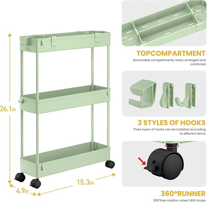 2-piece Set Slim Storage Cart 3 Tier,Bathroom Organizer Rolling Utility,Mobile Shelving Unit Slide Out for Office, Kitchen, Laundry Room & Narrow Places - Image 2