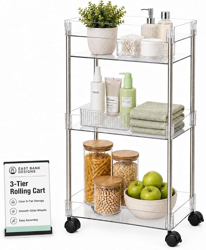American Dream Acrylic 3-Tier Rolling Cart with Wheels, Chrome & Clear Utility Storage Trolley, Mobile Organizer for Kitchen, Bathroom & Office by AmericanDreamHomeGoods