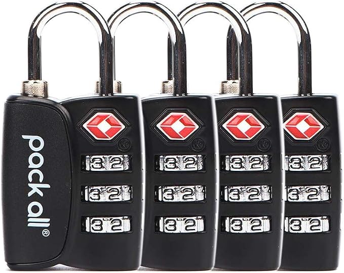 pack all TSA Approved Travel Luggage Locks, Resettable 3-Digit Code | Open Alert Indicator, Zinc Alloy Body, Clear Number Dials, For Suitcase, Toolbox, Backpack, 4 Pack by packall
