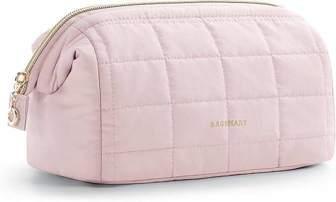 BAGSMART Makeup Bag Travel Toiletry Bag, Wide-open Zipper Pouch, Pink | Puffy Padded, Travel Essentials, Make Up Bag, For Women, Makeup Organizer, Toiletries Accessories Brushes by BAGSMART