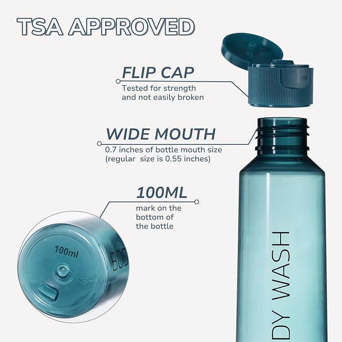 LISAPACK 3.4 oz Travel Containers for Toiletries, 6pcs Shampoo Bottles Kit | 100ml hard plastic labeled dispenser for lotion, conditioner, empty lettering carry on sets, flip cap, leak proof, TSA, blue - Image 4