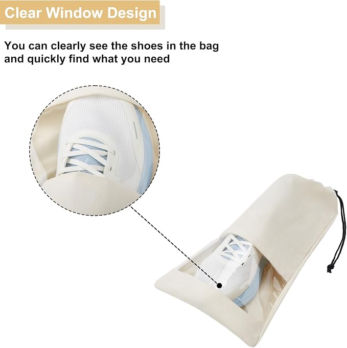 4 Pcs Single Shoe Bags for Travel, Drawstring Shoe Bags with Clear Window | 9.1"x17.7" Fits Most Shoes, Dust Resistant, Washable & Reusable, Travel Shoe Storage Bags for Men & Women - Image 2