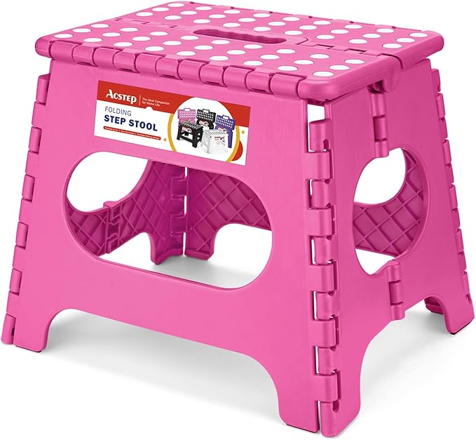 11" Folding Step Stool for Kids and Adults, Holds 300 lb, Rose red | Heavy Duty Collapsible Foot Stool, Lightweight with Built-in Handle, Non-Slip for Adults Kitchen Bathroom Bedroom Outdoor by ACSTEP