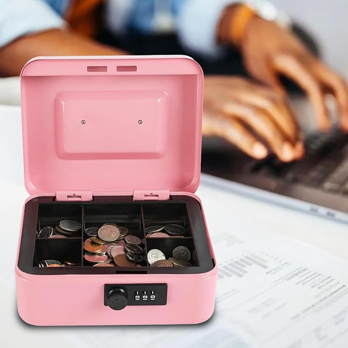 xydled Steel Cash Box Safe with Combination Lock,Money Safe Box with Removable Coin Tray,Large,9.84"x 7.87"x 3.54",Pink - Image 2