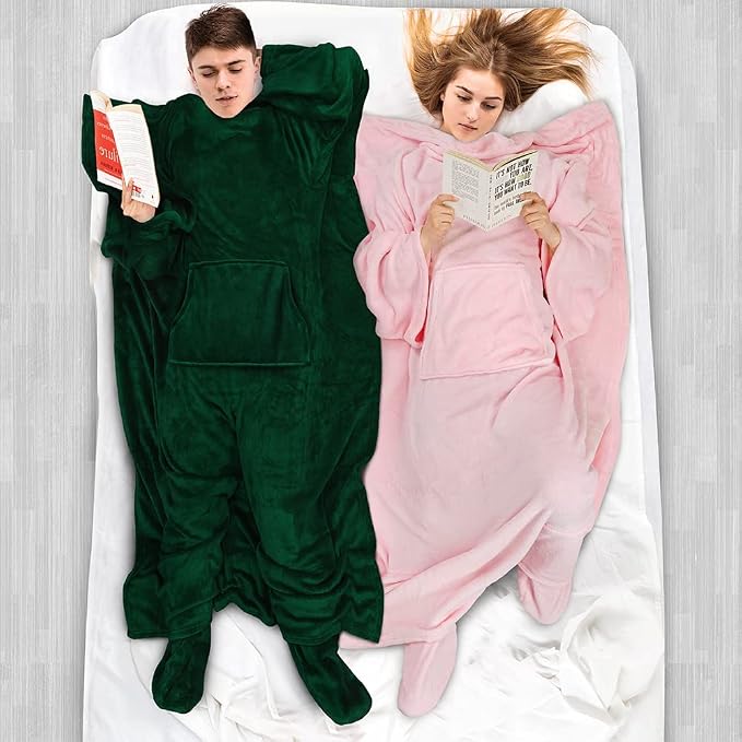 PAVILIA Fleece Blanket with Sleeves, Foot Pockets for Women Men Adults, Plush Wearable Blanket Throw Wrap, Warm Snuggle Blanket Robe, Cozy Gift Ideas Wife Mom, Light Pink - Image 5
