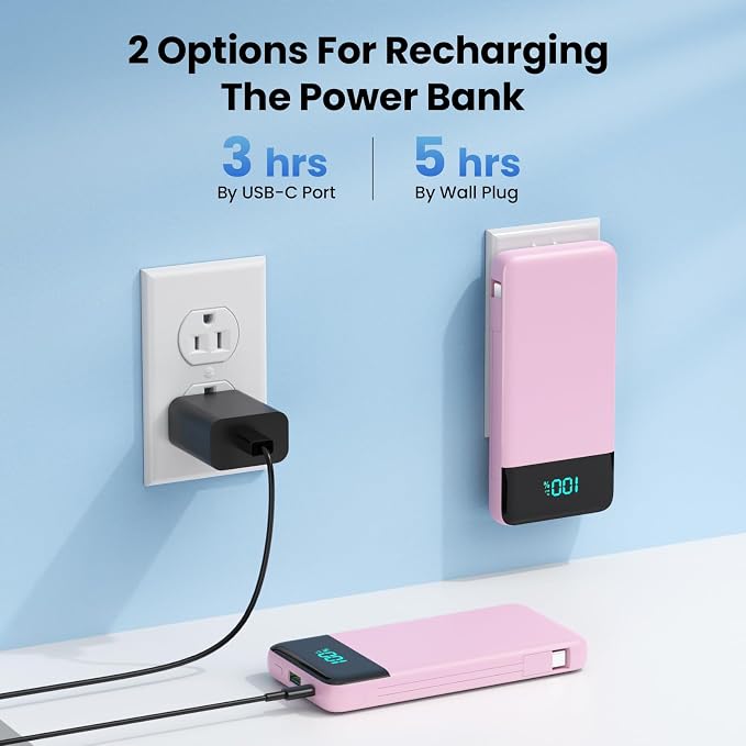 Portable Charger for iPhone,13800mAh Slim Power Bank with Built-in Cables & AC Wall Plug,All in One 4 Outputs USB C Fast Charging Battery Pack for iPhone 17/16/15/14,Android,Travel Essential (Pink) - Image 6