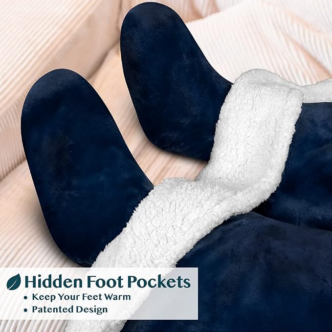 PAVILIA Sherpa Blanket with Sleeves, Foot Pocket for Women Men Adults, Thick Wearable Blanket Throw Wrap, Fleece Warm Snuggle Blanket Robe, Cozy Gift Ideas Wife Mom, Navy Blue - Image 2