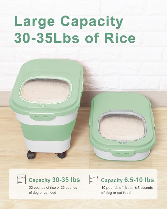 20-30 Lbs Rice Storage Container,Collapsible Food Storage Container | Flour Storage Container with Wheels Airtight Locking Lid,Cat Food Container Double Seal,Keep Fresh for Pet Food,Rice,Flour - Image 2