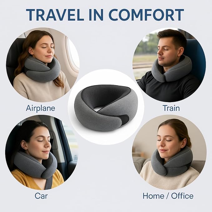 Travel Neck Pillow with Memory Foam & Chin Support – Includes Cute Macaron EVA Water-Resistant Carry Case, Eye Mask & Ear Plugs (Light Grey) - Image 7