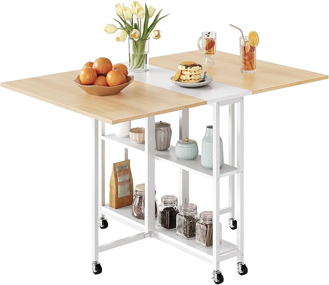 Folding Dining Table, Movable Dining Table, Kitchen Table for Small Space, Foldable and Expandable Desk Furniture with 6 Wheels, for Dining, Living Room, Apartment, White and Natural TCZ01WN by Choezon