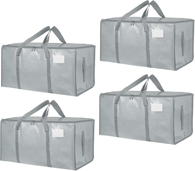 4 Pack-Extra Large Heavy Duty Moving Bags - Waterproof Storage Totes with Handles & Zippers, Foldable for College Dorm, Storage (light gray) by Unknown