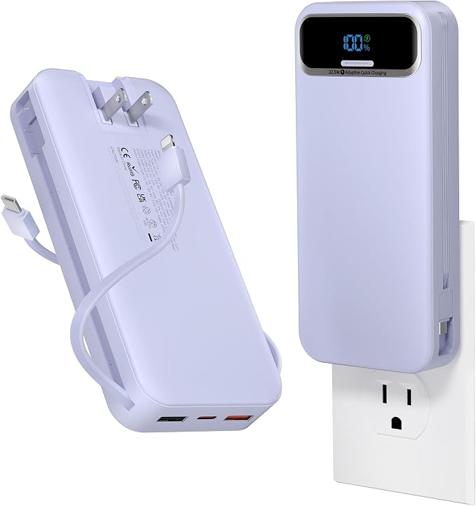 aonidi Portable Charger 20000mAh with Built-in Cables&AC Wall Plug, Purple | PD20W Fast Charging,Travel Essential,TSA Approved,LED Display,All in One USB C Power Bank for All Cell Phones Devices by AONIDI