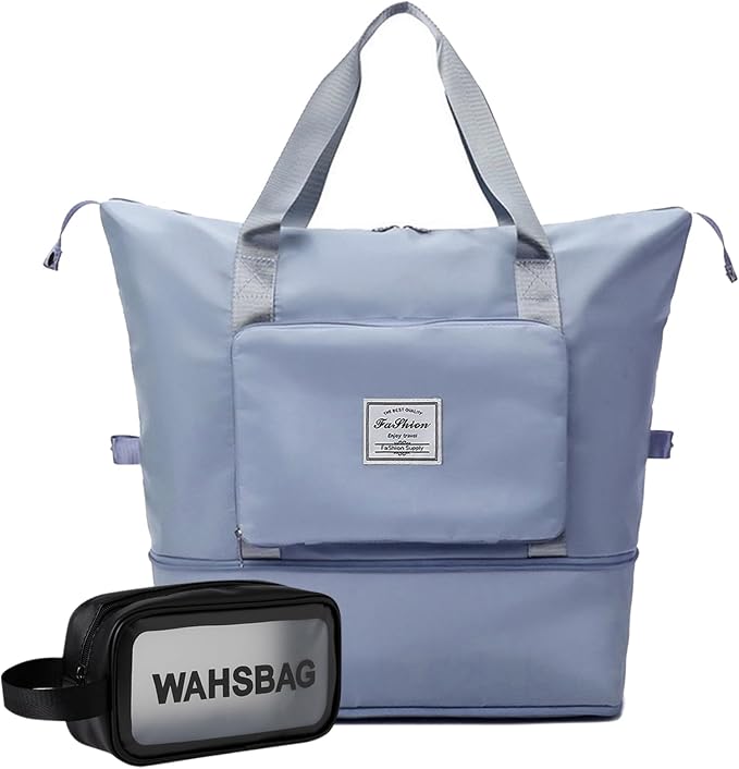 Large Capacity Travel Bag, Foldable Travel Bag, Expandable Travel Duffel Bag, Collapsible Waterproof Large Capacity Travel Handbag, Overnight Bag for Women and Man (Blue+Toiletry Bag) by DOJUNS