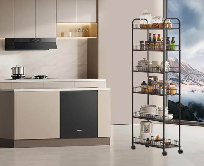 6 Tier Slim Rolling Storage Cart, Mobile Shelving Unit with Wheels, Metal Wire Storage Rack with Baskets for Kitchen Bathroom Office Laundry Narrow Piaces (6in Slim Rolling Cart) - Image 6