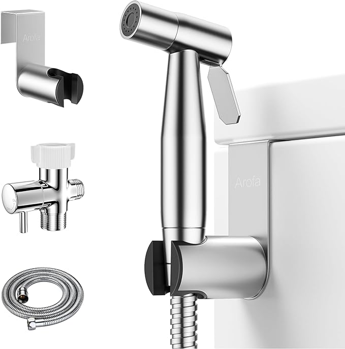 Arofa Handheld Bidet Sprayer, Bidet Attachment for Toilet, Brushed Nickel | Adjustabel Water Flow, Leak-Free Hose, 7/8" T-valve, Fits Two-Piece Toilet, Feminine/Baby Wash, Easy Install, Stainless Steel by AROFA