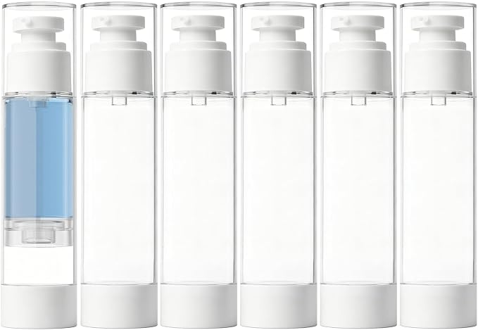 Clear Airless Pump Bottles, Vacuum Travel Cosmetic Containers | 3.4OZ/100ML 6Pack Lotion Dispenser Pump Bottles; For Cream, Foundation & Skincare Cosmetics; With Labels & Wooden Sticks by GIVITASOT