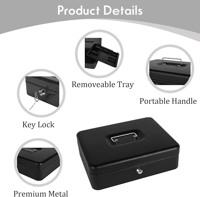 Cash Box with Lock and Money Tray Metal Money Box Large Cash Lock Box for Money 9.84" x 7.87" x 3.54" Black Larger - Image 3