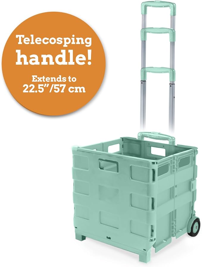 Inspired Living Ultra-Slim Rolling Collapsible Storage Pack-N-Roll Utility-carts, with Telescopic Handle, for Home, Garden, Shopping, Office, School use, Large, Mint - Image 4
