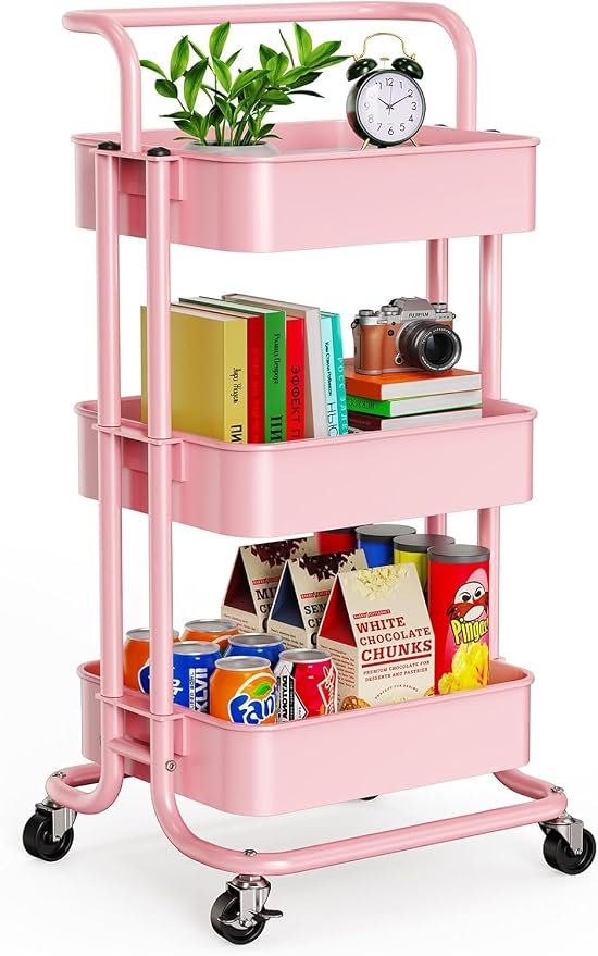 Pipishell Metal 3 Tier Rolling Cart with Handle & 2 Lockable Wheels, Pink | Four Large 2" Wheels for Easy Motion, Sturdy Metal, Hold 22 lbs per Shelf, Ideal for Nursery Room, Living Room, Painting Room by Pipishell