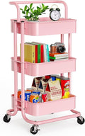 Pipishell Metal 3 Tier Rolling Cart with Handle & 2 Lockable Wheels, Pink | Four Large 2" Wheels for Easy Motion, Sturdy Metal, Hold 22 lbs per Shelf, Ideal for Nursery Room, Living Room, Painting Room by Pipishell