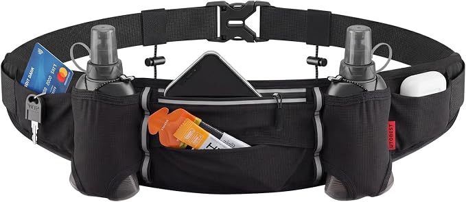 UTOBEST Running Hydration Belt with 2 Soft Flasks, 6-Pocket Waist Pack B5 | 2×200ml Soft Flasks, Waterproof Phone Pocket, Fits Phones Up to 6.9", Reflective Trim, Bib Clip for Race, Marathons, Training by UTOBEST