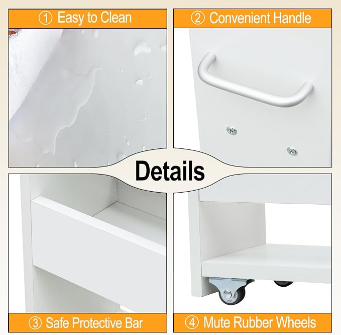 MARTY Slim Rolling Storage Cart 7.9" W Laundry Cart with Wheels,Wood, White | Narrow Utility Cart Between Washer and Dryer, 3 Tier Mobile Shelving Unit for Kitchen, Laundry, Bathroom, Office, Living Room - Image 7