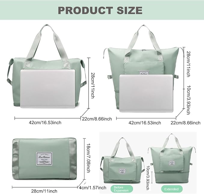 Large Capacity Folding Travel Bag, Lightweight Waterproof Luggage Bag, Expandable Travel Duffel Bag, Dry Wet Separated Gym Tote Bag, Weekender Overnight Bags for Women and Man (Light Green) - Image 3
