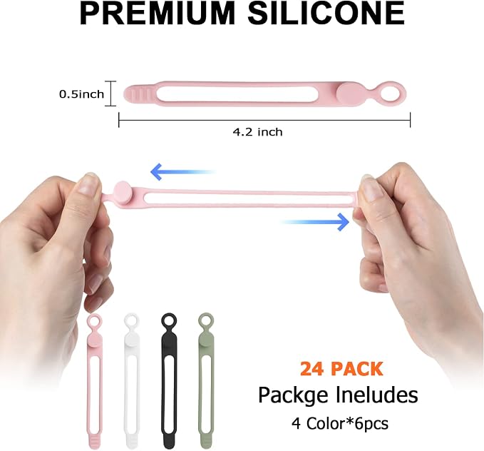 24Pcs Silicone Cable Ties, Cord Organizer Cable Management-Multi | Reusable Cord Ties for Electronics, Office Desk Accessories, Home Travel Essentials, Easy to Use, 4.2 Inch-4 Colors - Image 2