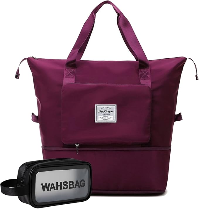 Large Capacity Travel Bag, Foldable Travel Bag, Expandable Duffel Bag, Collapsible Waterproof Large Capacity Handbag, Overnight Bags for Women and Man (Fuchsia+Toiletry Bag) by DOJUNS