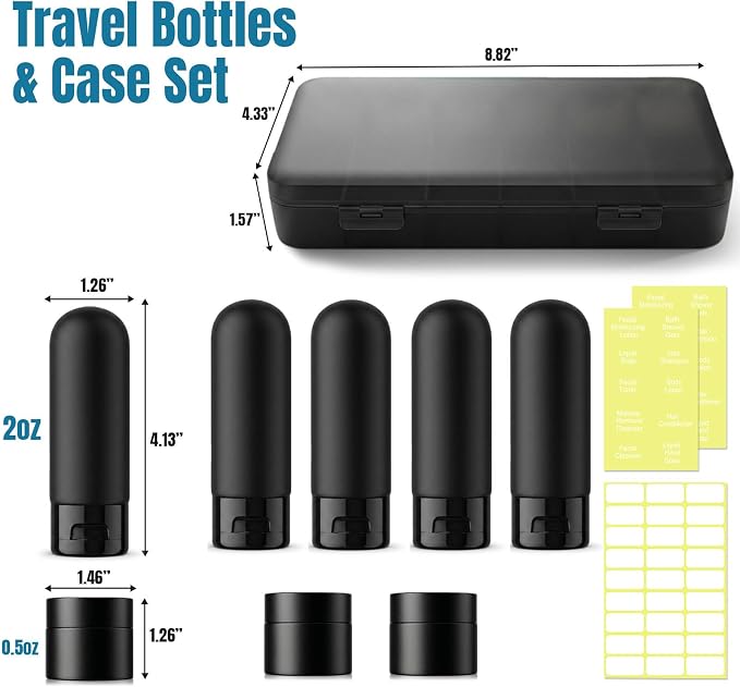8 Pack Travel Bottles for Toiletries with Case (Black) | TSA Approved, Leak-Proof, Portable, Travel Size Containers for Shampoo, Cosmetics, Vacation Travel Essentials - Image 2