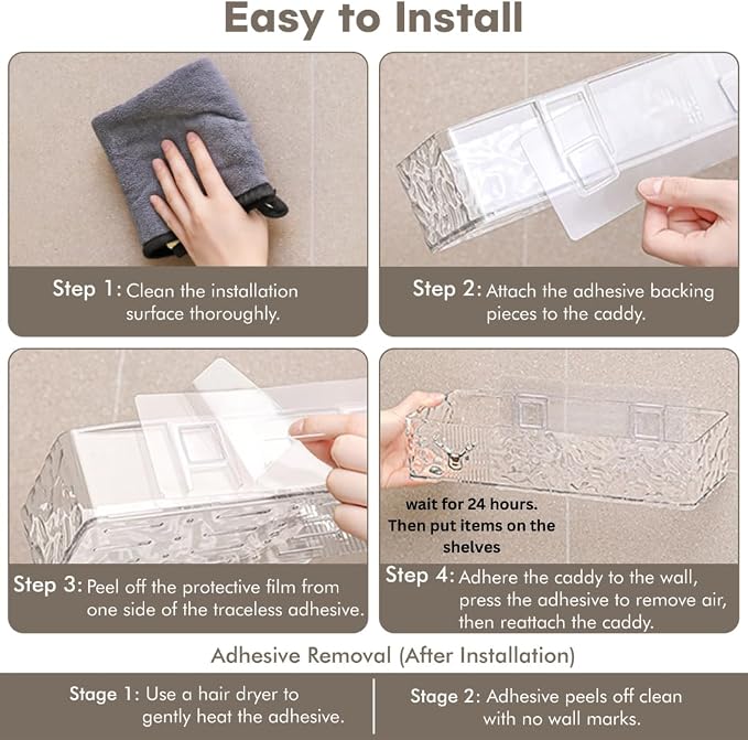 Acrylic Shower Shelves with Soap Dish & Toothbrush Holder, Clear Plastic Shower Caddy, Adhesive Bathroom Organizer Wall Mount, No Drill Installation 4 Pack - Image 8