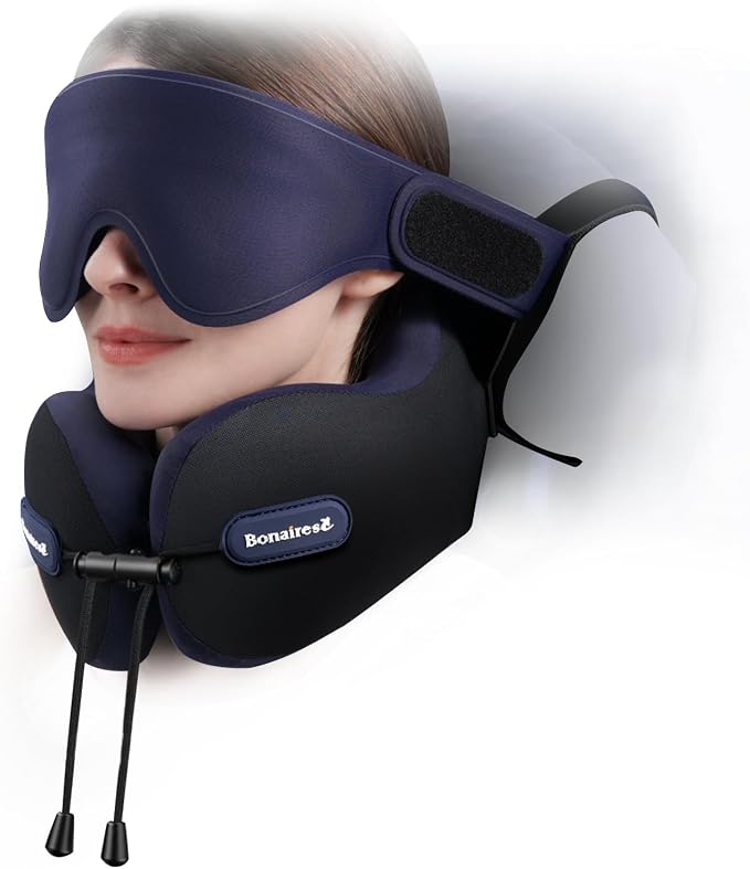 Travel Pillow, Neck Pillow Airplane for Long Flight Sleeping | Soft Supportive Foam, Head Pillow 3D Eye Mask & Seat Strap for 360°Support Head, Neck & Chin Travel Essentials Black & Purple by Bonairest