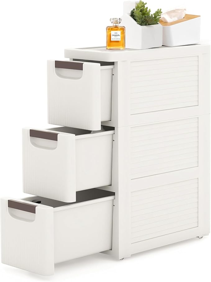 3 Drawers Slim Bathroom Storage Cabinet Dresser, Narrow Plastic Rolling Cart Organizer with Drawers, for Small Spaces, Kitchen, Laundry, Office, Bedroom, White by YABORAS