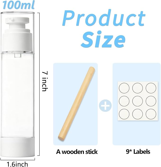Clear Airless Pump Bottles, Vacuum Travel Cosmetic Containers | 3.4OZ/100ML 3Pack Lotion Dispenser Pump Bottles; For Cream, Foundation & Skincare Cosmetics; With Labels & Wooden Sticks - Image 2
