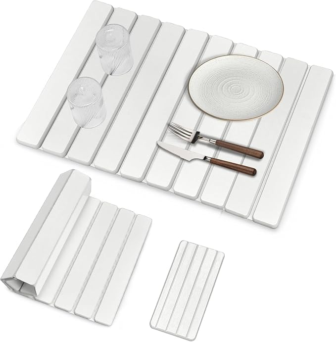 Large Stone Dish Drying Mats for Kitchen Counter, Quick Drying Collapsible Dish Drying Mat, Eco-Friendly Absorbent Diatomaceous Earth Mats for Dishes Cups, Match Any Countertop (White 24"×16" & 8"x4") by tdcokhe