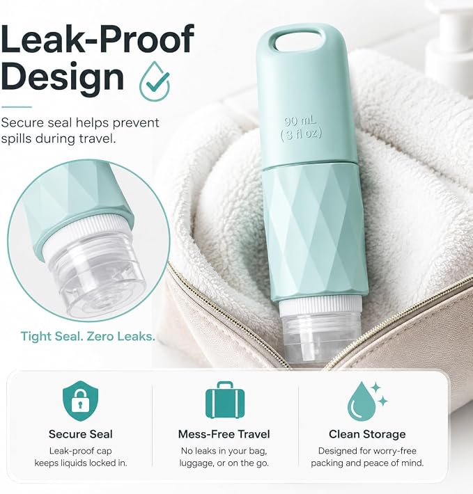 Travel Bottles for Toiletries, TSA Approved 3oz Leak Proof Silicone Travel Size Containers with Cross-Valve Cap, Refillable Bottles with Labels & Clear Bag for Shampoo, Body Wash (4 Pack-Grey) - Image 3