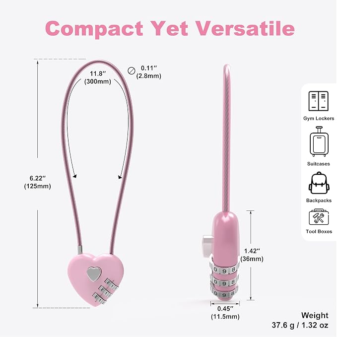 Small Cable Lock with Combination, Combo Lock with Code, Pink Cable Padlock for Luggage, Cabinet, Closet, French Fridge Door, Stroller, Bike Helmet, Pet Cage, Pool Gate, Outdoor Fence - Image 3