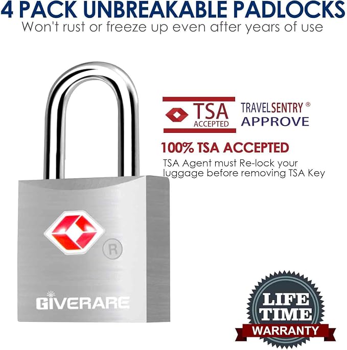 4 Pack TSA Approved Travel Luggage Locks with Keys, Aluminum Alloy Keyed Padlock, Small Metal Suitcase Lock, Weatherproof Padlocks for Backpack, Gym Locker, Bag, Case, Jewelry Box, Anti Theft-Silver - Image 4