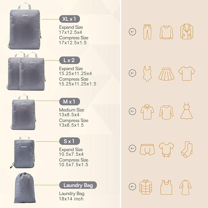 6 Set Large Compression Packing Cubes for travel. | Durable, Expandable and Lightweight Packing Cubes for Travel Compression with Laundry bag, Grey - Image 4