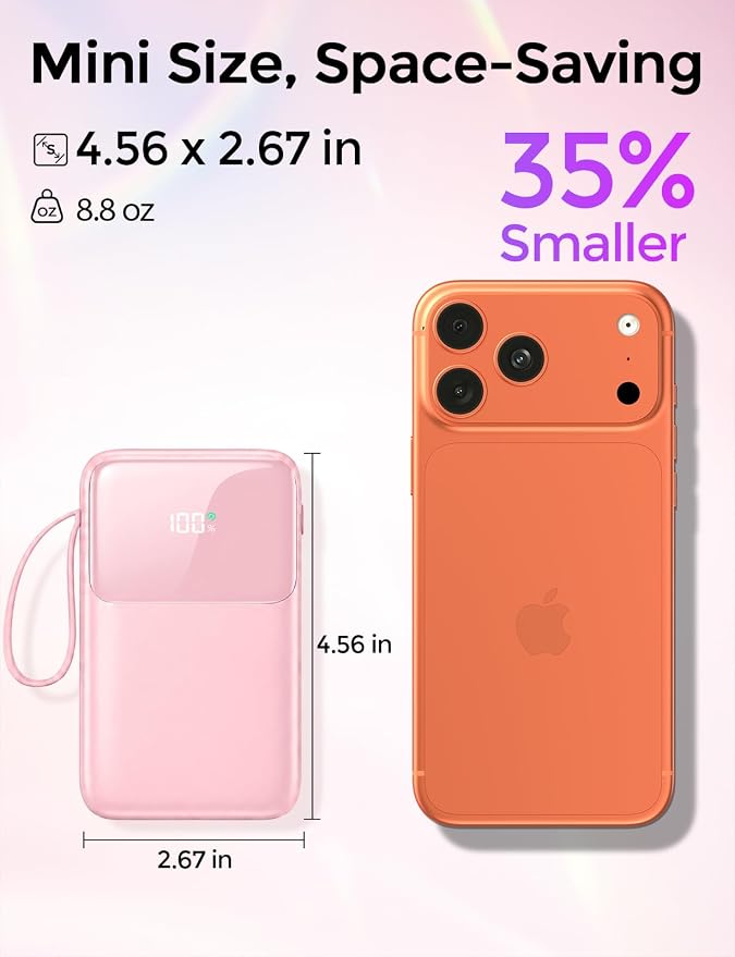 HELLEE 15000mAh Portable Charger Power Bank, Smaller Built-in 4 Cables Pink | 22.5W 50% More Capacity, 45% Smaller, Slim Travel Essential Battery Pack, 30-Min Fast Charge to 50% for iPhone/Samsung - Image 3