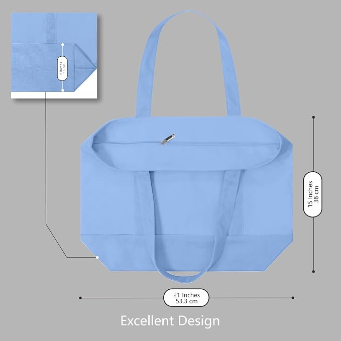 TOPDesign 1-Pack Canvas Tote Bag with an External Pocket, Reusable Grocery Shopping Bag, Top Zipper Closure, Daily Essentials (Light Blue) - Image 5