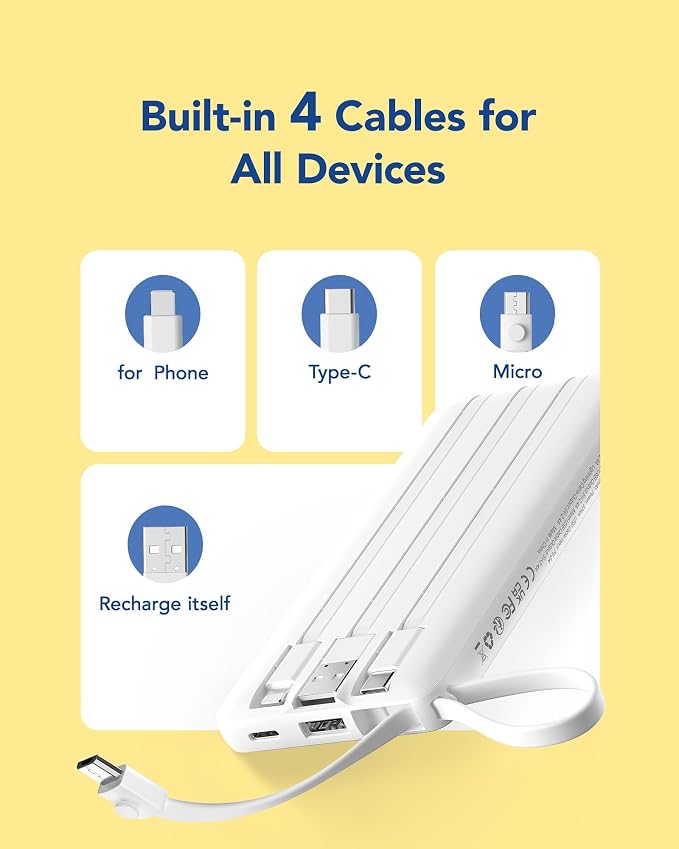 VRURC Portable Charger, Built-in Cables Power Bank 10000mAh | LED Display Slim USB C Battery Pack with 5 Output 2 Input for iPhone, Samsung, Android etc-White(1 pack) - Image 3