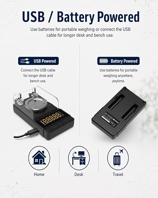 Digital Milligram Scale 50g/0.001g, Compact Mg Scale, 2 x 20g Weights | Black Powder Scale for Reloading, 6 Units, Tare, Counting, USB/Battery Powered, for Jewelry, Gold, and other micro items - Image 6