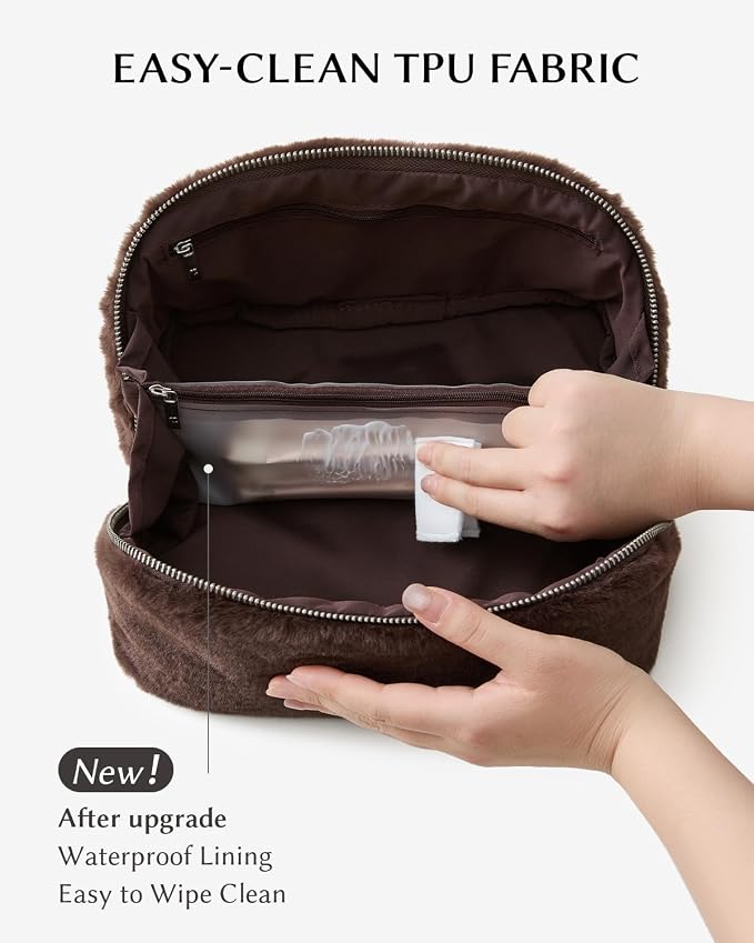 EACHY Travel Makeup Bag for Women, Faux Fur Cosmetic Bag, Brown, Medium | Faux fur bag with flat-open access, inner storage and clear TPU brush pocket for makeup, toiletries and travel essentials - Image 4